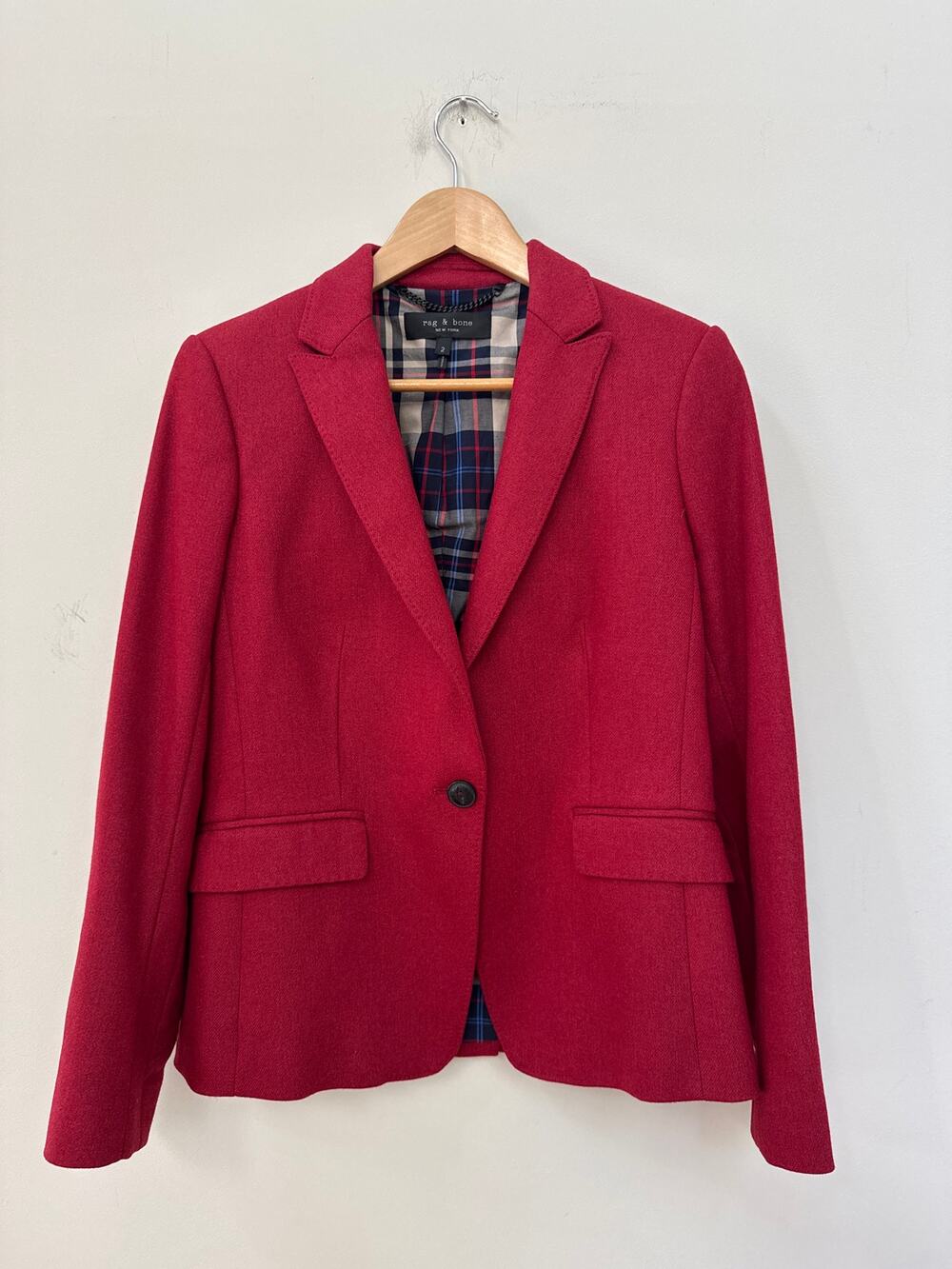 Rag & Bone Lexington Blazer Jacket Red Wool Blend One Button Plaid Lining 2